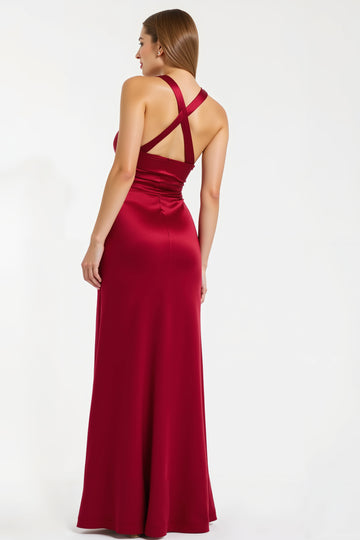 Burgundy Halter Long Formal Dress with Slit